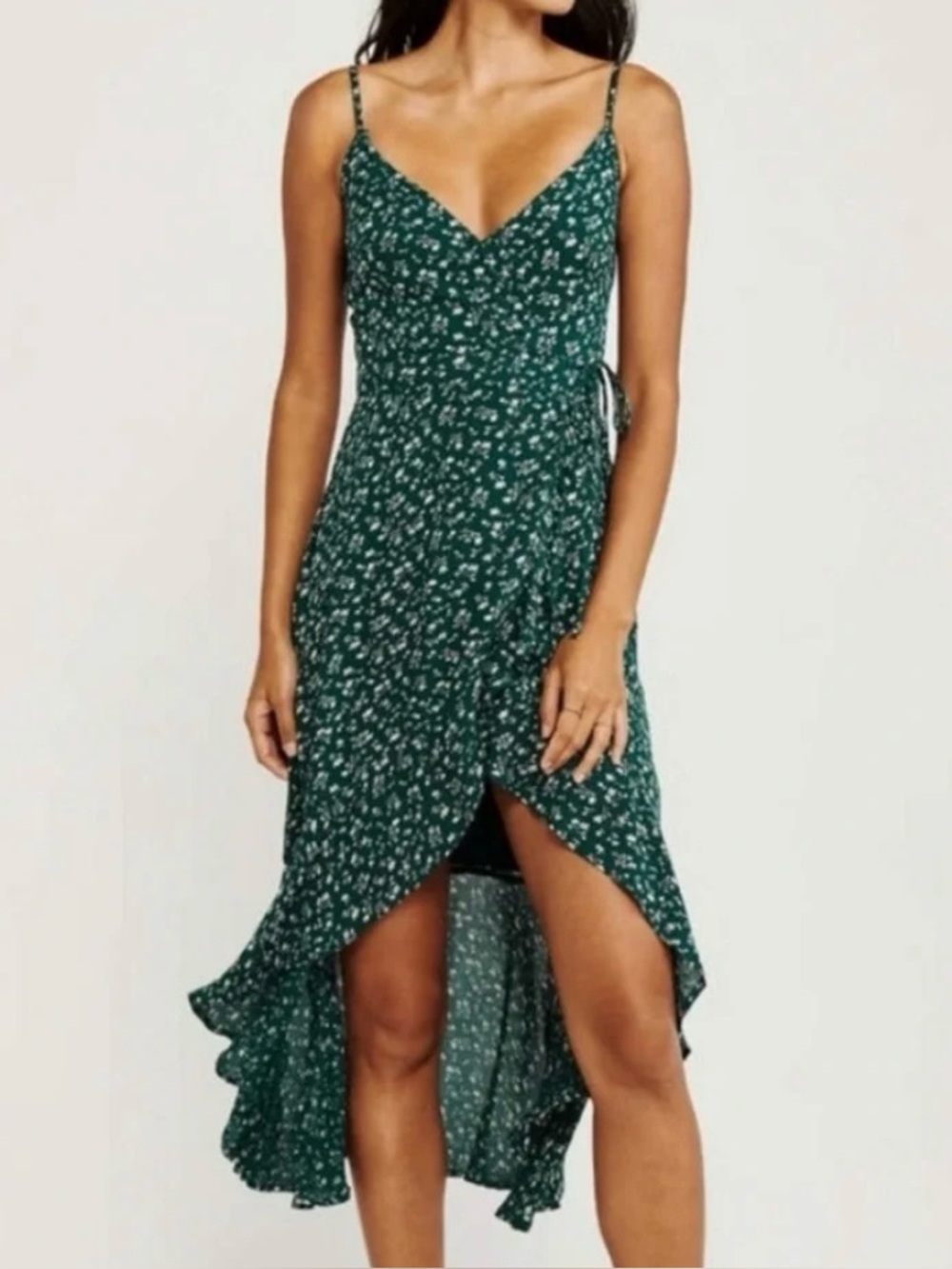 Abercrombie & Fitch Dark Green Floral High-Low Ruffled Wrap Dress